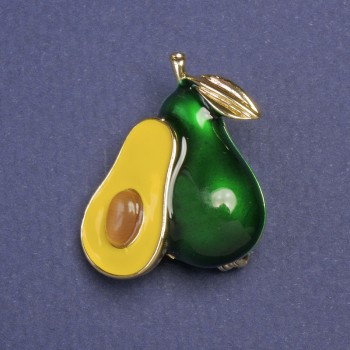 Broșă-pandantiv Avocado verde, email verde și galben, metal auriu, 30×23 mm+