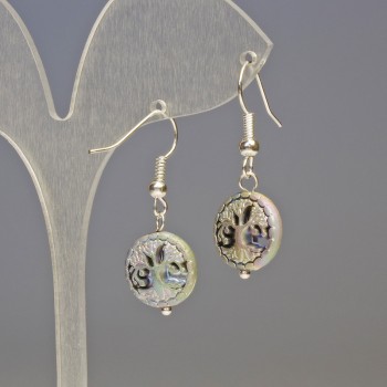 Сережки Гематит різний Дерево блакитне срібло, діаметр 12х4мм+-, довжина 3, 2см