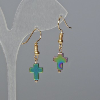 Сережки Гематит "Хрест" колір хамелеон, діаметр 8, 5х10, 5х3мм+-, довжина 3см+