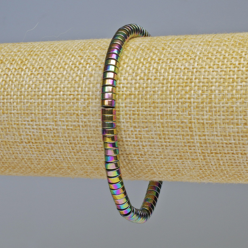 Brățară din hematit cu rondelle în nuanțe curcubeu camaleon, diametrul 5×2 mm, lungimea 18 cm, extensibilă