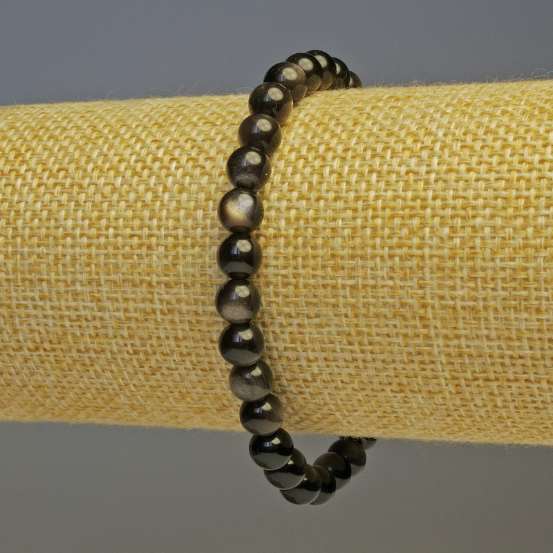 Brățară din obsidian argintiu, mărgele netede de 6 mm diametru, lungime 18 cm, pe elastic