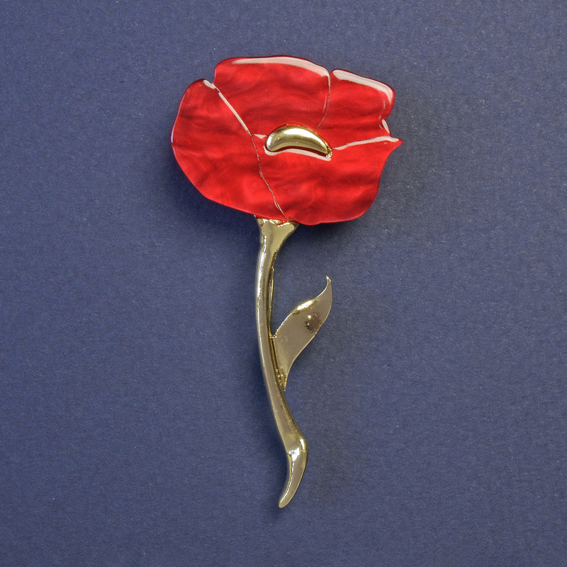 Broșă floare mac roșu perlată, 63×32 mm, metal auriu