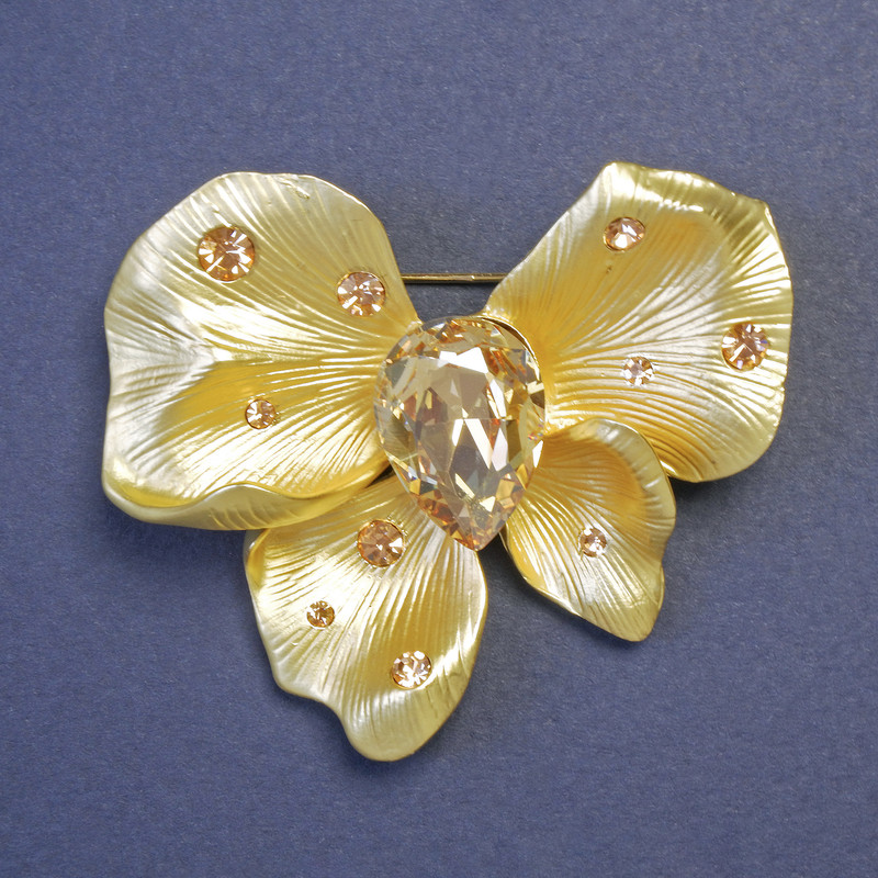 Broșă Fundă cu cristal galben mare, 53x48 mm, metal auriu