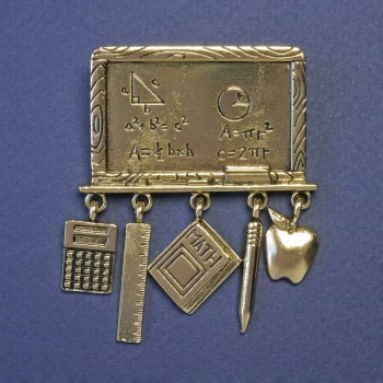 Broșă – Tablă matematică cu pandante, 60×45 mm, metal auriu