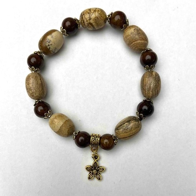 Brățară din jasper peisaj, cu mărgele baril (10x14 mm) și mărgele cu ochi de tigru (8,5 mm), lungime 18 cm, elastic