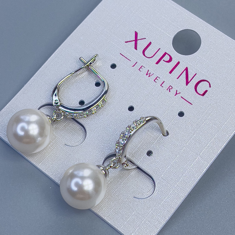 Cercei Xuping rodiu cu perlă, diametrul de 10 mm și strasuri albe, lungime 28 mm +