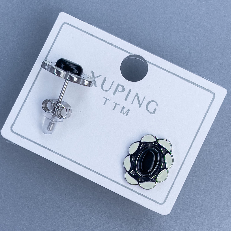 Cercei cu știft Xuping cu piatră neagră, 12×10 mm, placare cu rodiu