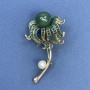 Broșă floare cu perlă și strasuri verzi, centru verde, metal auriu 30x56 mm+
