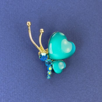 Broșă Fluture, diametru 34×21 mm, cu ochi de pisică verde, strasuri, metal auriu