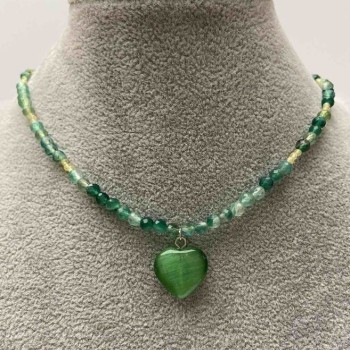 Choker din agat verde cu bile tăiate de 4 mm, spinel de 2 mm, pandantiv în formă de inimă din piatră ochi de pisică, lungime 35–40 cm+
