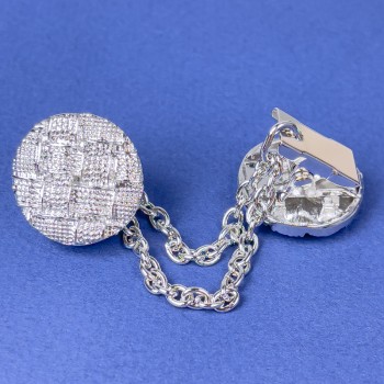 Broșă cu clemă pentru cardiganuri, din metal argintiu, diametrul aproximativ de 21 mm, lanț de 9 cm