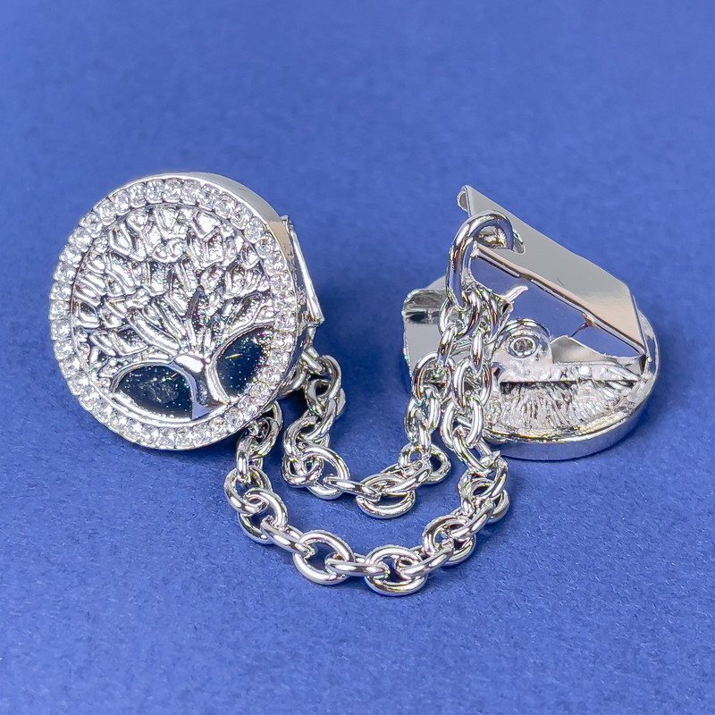 Broșă-clamă pentru cardiganuri, metal argintiu, cristale albe, diametrul de aproximativ 20 mm, lanț de aproximativ 9 cm