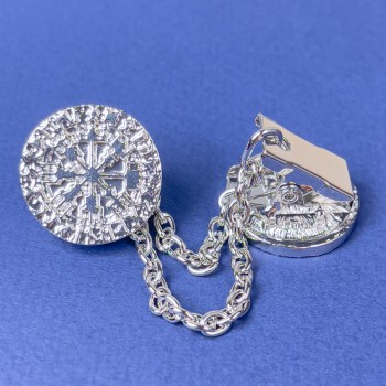 Broșă-clamă pentru cardiganuri, metal argintiu, diametrul decorativ ~20 mm, lungimea lanțului ~9 cm