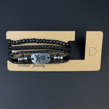 Brățară triplă din piele ecologică, inserții metalice, închidere prin strângere, lungime 18-24 cm, negru