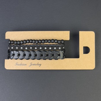 Brățară triplă din piele ecologică neagră, reglabilă prin strângere, lungime 18-24 cm