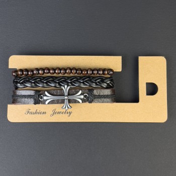 Brățară triplă din piele ecologică, inserție în formă de Cruce, reglabilă, lungime 18-24 cm, maro și negru