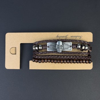 Brățară triplă din piele ecologică, inserție în formă de craniu, cu închidere prin tragere, lungime 18-24 cm, maro