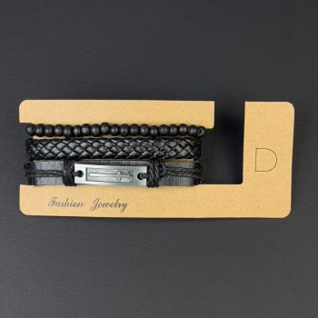 Brățară triplă din piele ecologică, insertie în formă de cruce la închidere, lungime 18-24 cm, negru