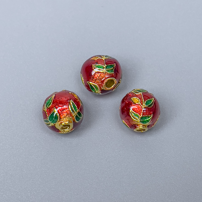 Mărgea Cloisonné roșu-verde email, diametrul 9 mm ±, gaură de 2 mm, culoare metalică aurie, 1 bucată