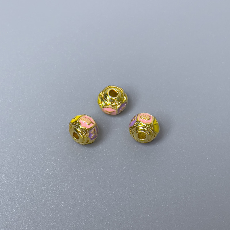 Furnitură mărgea Cloisonné rondel roz, galben, mov deschis email, diametrul 6×5 mm +/- gaură, diametrul 1 mm, culoare metalică aurie, 1 bucată