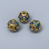 Mărgele Cloisonné Pandora albastru-turcoaz roșu email, diametrul 11 mm ± gaură, diametrul 3 mm, culoare aurie a metalului, 1 bucată