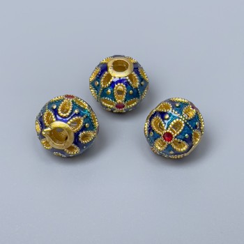 Mărgele Cloisonné Pandora albastru-turcoaz roșu email, diametrul 11 mm ± gaură, diametrul 3 mm, culoare aurie a metalului, 1 bucată