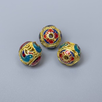 Mărgea Cloisonné turcoaz-roșu-albastru email, diametrul 10 mm, gaură de 1,8 mm, culoare metal auriu, 1 bucată