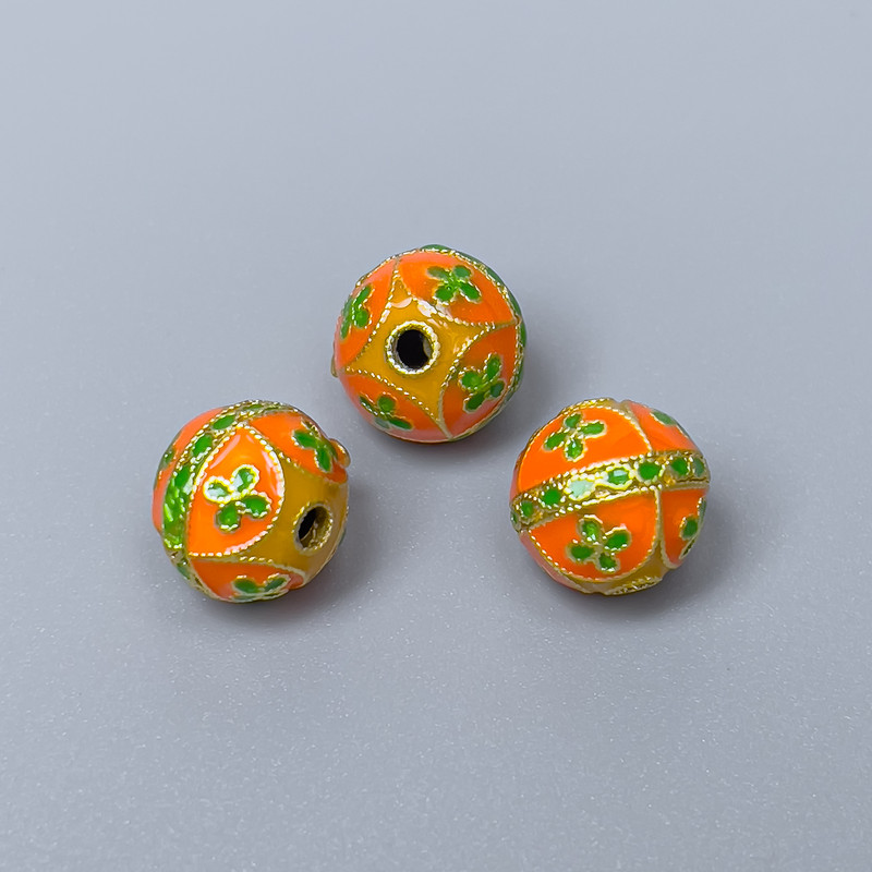 Mărga Cloisonné portocaliu-verde salată, email, diametru 10 mm, gaură 2 mm, culoare metalică aurie, 1 bucată