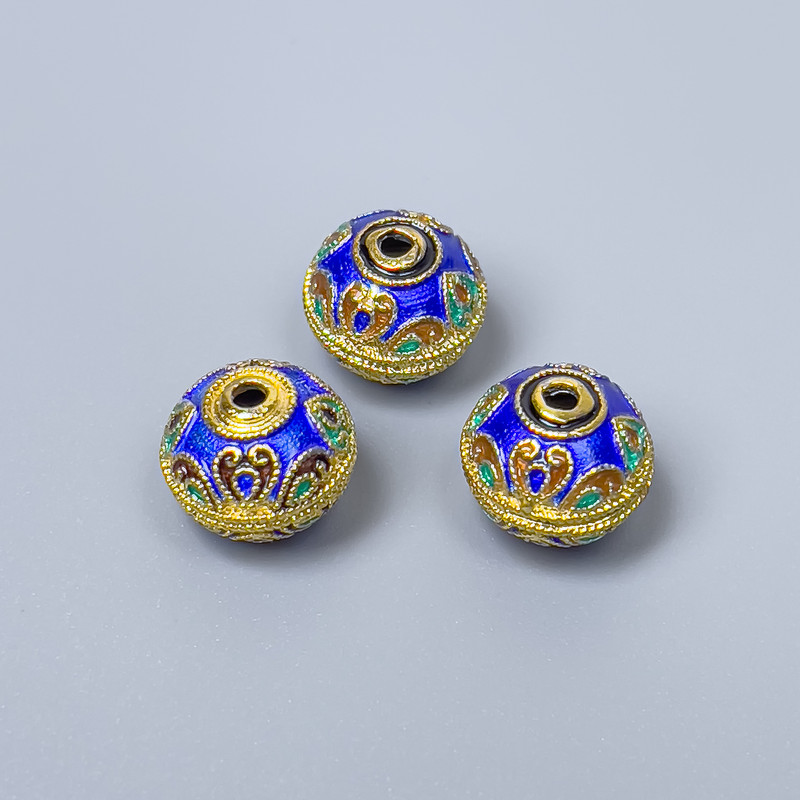 Mărgea cloisonné cu email albastru, diametrul 10x9 mm, gaură de aproximativ 1,8 mm, culoare metal auriu, 1 bucată