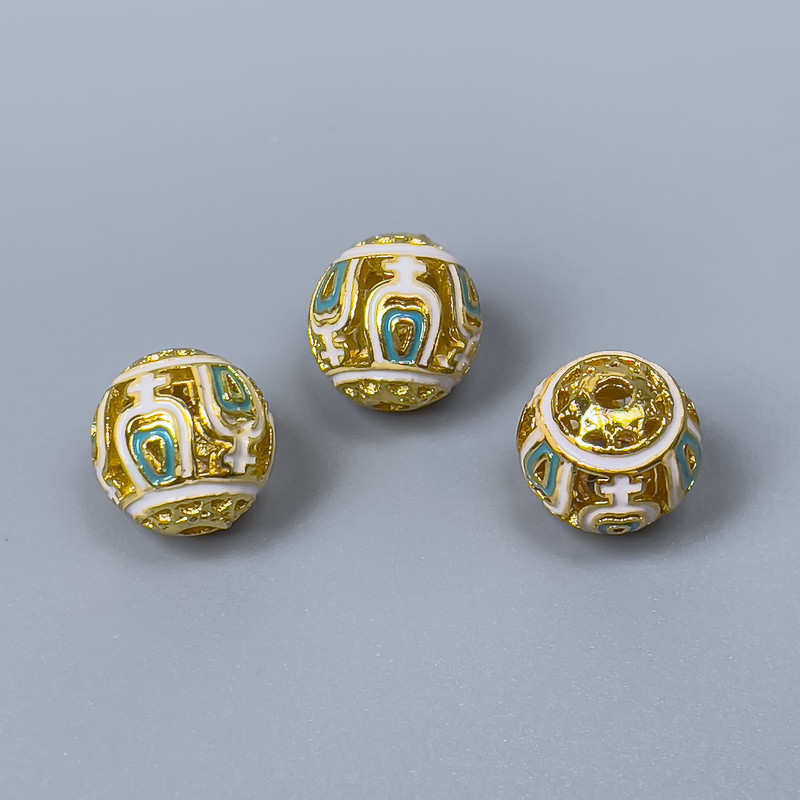 Mărgea Cloisonné alb-albastru, diametru 10 mm ±, gaură de 1,8 mm, culoare metalică aurie, 1 bucată