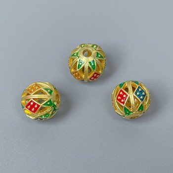 Mărgele Cloisonné, email albastru, roșu, verde, diametru 10 mm ±, gaură 2 mm, culoare metal auriu, 1 bucată