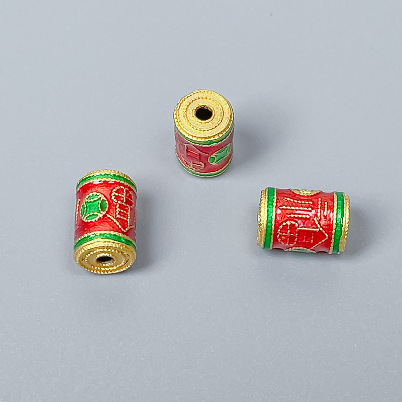Furnitură pentru mărgele Cloisonné cilindrice, roșu-verde emailate, diametru 6x9 mm, cu gaură de diametru aproximativ 1,5 mm, culoare metalică aurie, 1 bucată