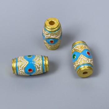 Mărgea Cloisonné în formă de baril, email alb, albastru și roșu, diametru 8x14 mm, gaură de 2 mm, culoare metal auriu, 1 bucată