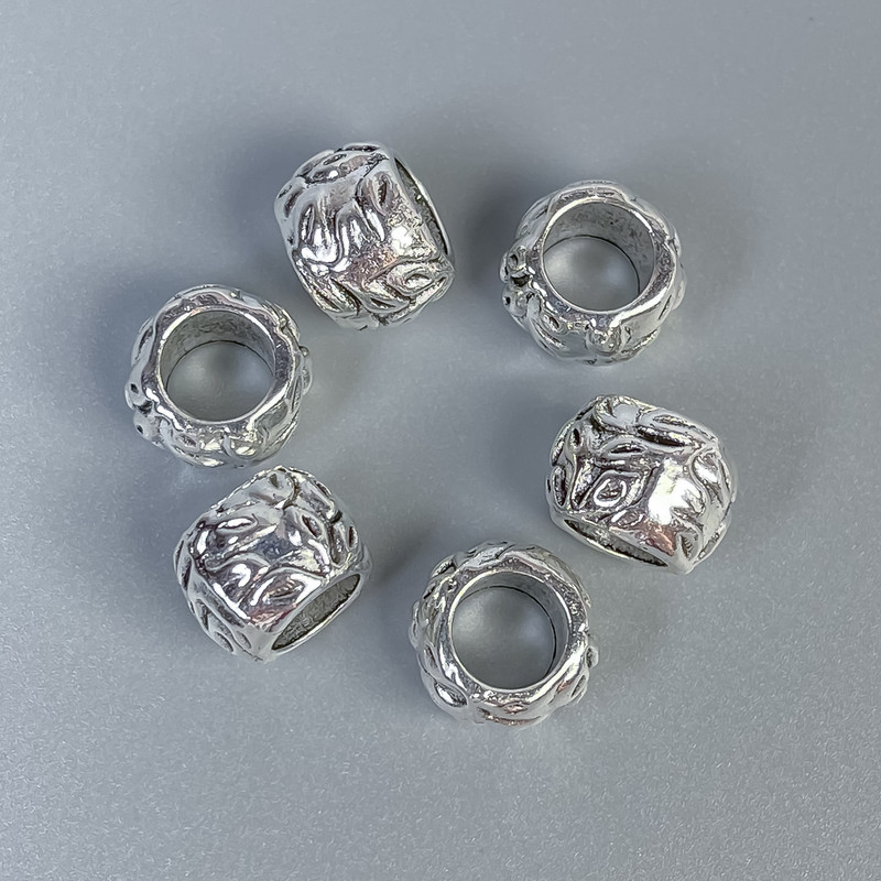 Furnitură – mărgea inserție, culoare argintie, diametru 10×8 mm ± gaură, diametru 6 mm ±, ambalare 20 g (~10 buc.)
