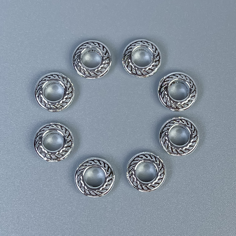 Furnitură mărgea inserție, culoare metalică argintiu, diametru 7×3 mm, gaură de aproximativ 4 mm, ambalaj 20 g (~50 buc.)