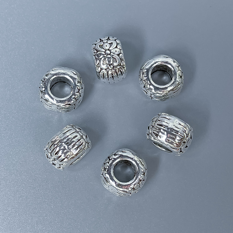Furnitură mărgea inserție, culoare metal argintiu, diametru 10×7 mm, gaură ~5 mm, ambalare 20 g (~ 10 buc.)