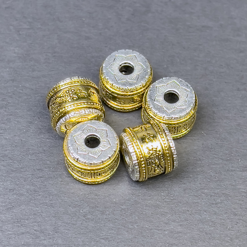Furnitură pentru mărgele inserție – culoare metalică argintiu și auriu, diametru 9×10 mm, gaură Ø 3 mm, preț pentru 1 bucată