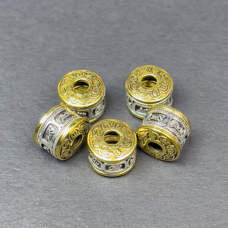 Inserție de mărgele, culoare metalică argintiu-auriu, diametru 12×10 mm, gaură de 4 mm, preț pentru 1 bucată