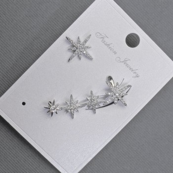 Cercei cu știft, cabochon pe ureche, metal argintiu, 13x37 mm ±, cristale albe