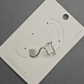 Cercei caf pentru ureche din metal argintiu, 16×28 mm, cu cristale albe