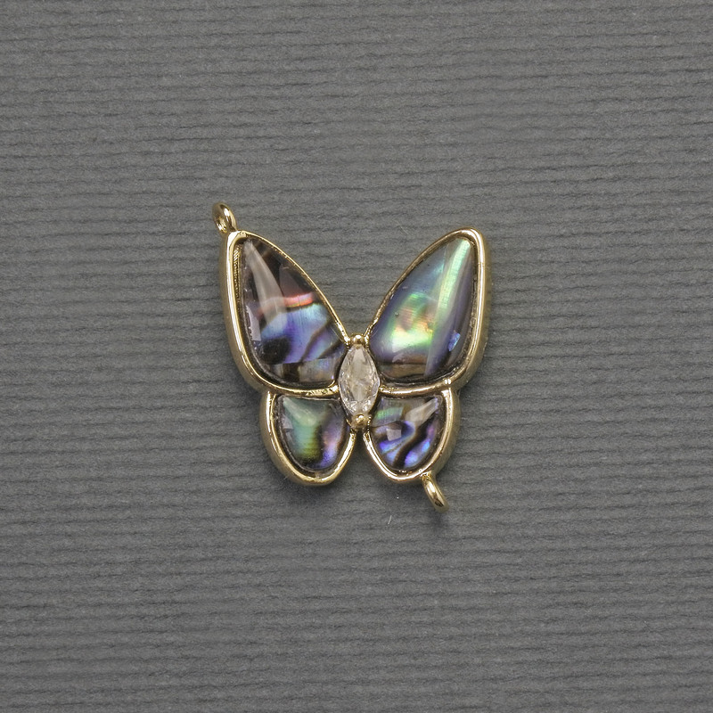 Pandantiv din Haliotis cu Fluture, metal auriu, diametrul 18×19 mm+