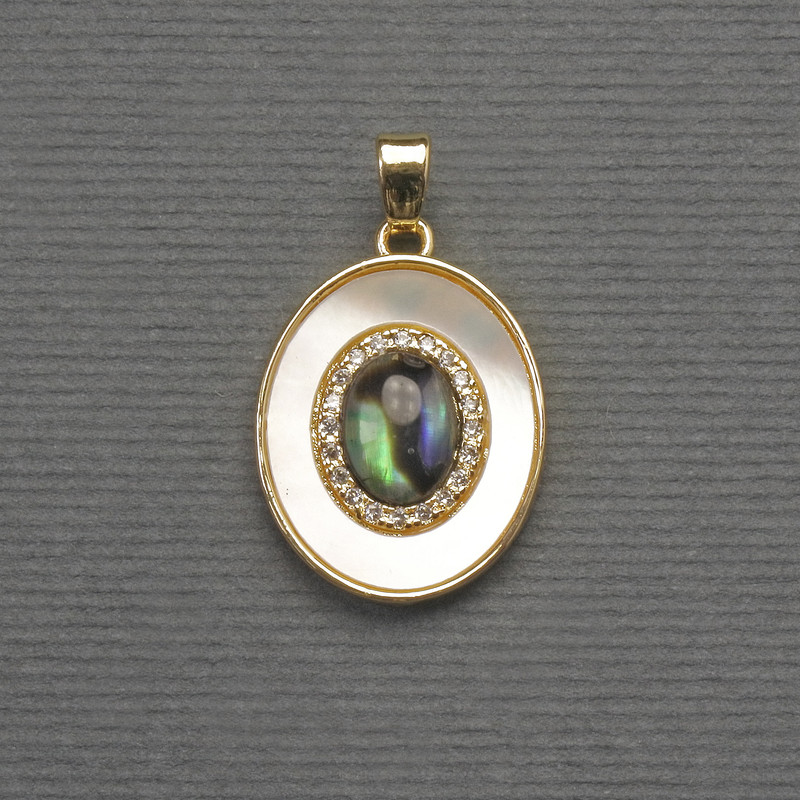 Pandantiv din abalon și sidef, oval, metal auriu, diametrul 18x16 mm, lungime 27 mm