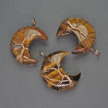 Pandantiv Lună cu ochi de tigru, în împletire aurie, diametrul de aproximativ 35 mm, lungimea de aproximativ 45 mm