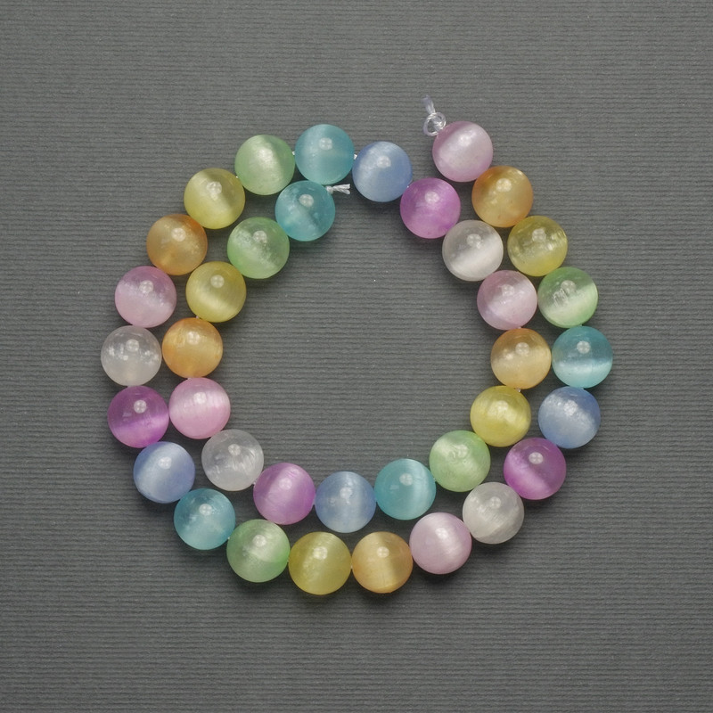 Mărgele ochi de pisică multicolore, piatră sintetică, bilă netedă, diametrul de 10 mm, pe șnur, lungime 39 cm