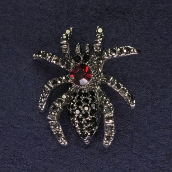 Брошка Павук сірі та чорні стрази колір темне срібло сріблястий метал 35мм+