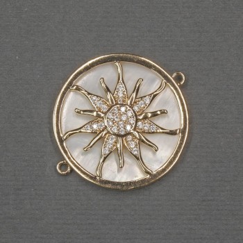 Conector Soare cu perlă naturală, 25x30x3mm ± metal auriu