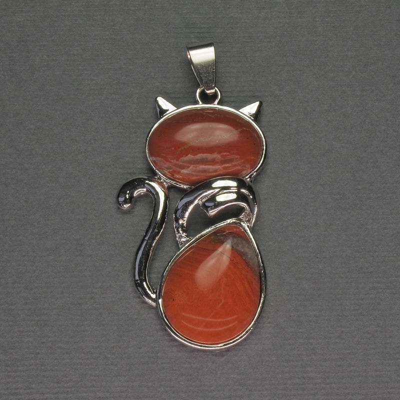 Pandantiv Pisică din jasper roșu, 25×51 mm, metal argintiu