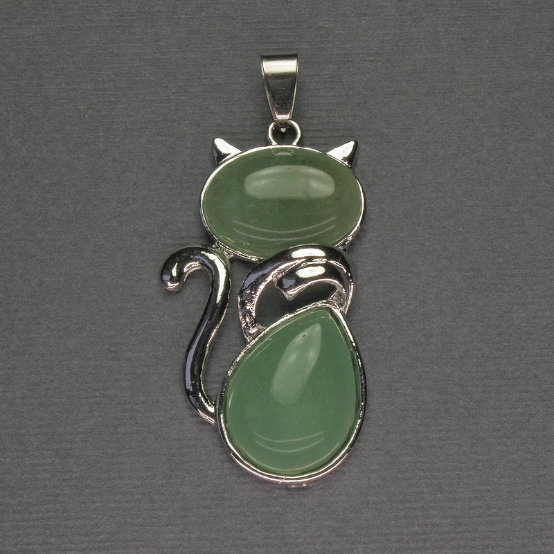 Pandantiv Pisică din nefrit, 25×51 mm, metal argintiu