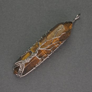 Pandantiv ochi de tigru hexagonal, cristal 12×50×57 mm ±, în împletire argintie