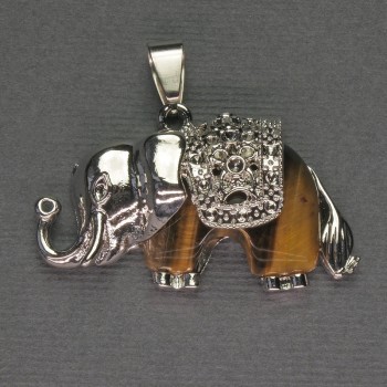 Pandantiv Elefant cu ochi de tigru, 39×34 mm, metal argintiu